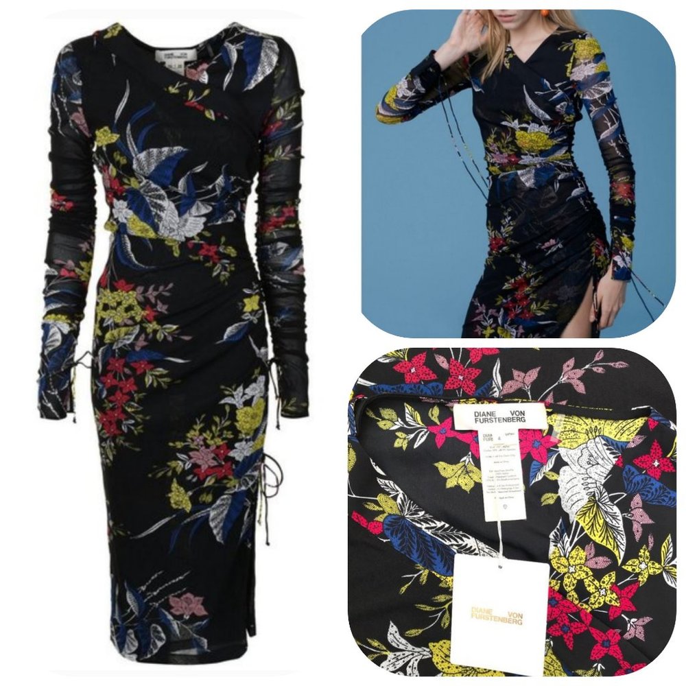 New DIANE VON FURSTENBERG Ruched Long Sleeve Dress